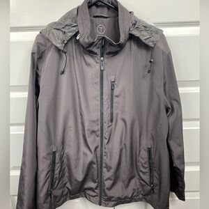Tumi Tech Jacket Mens Full Zip Stand Collar Pockets Hood Gray XL Extra Large
